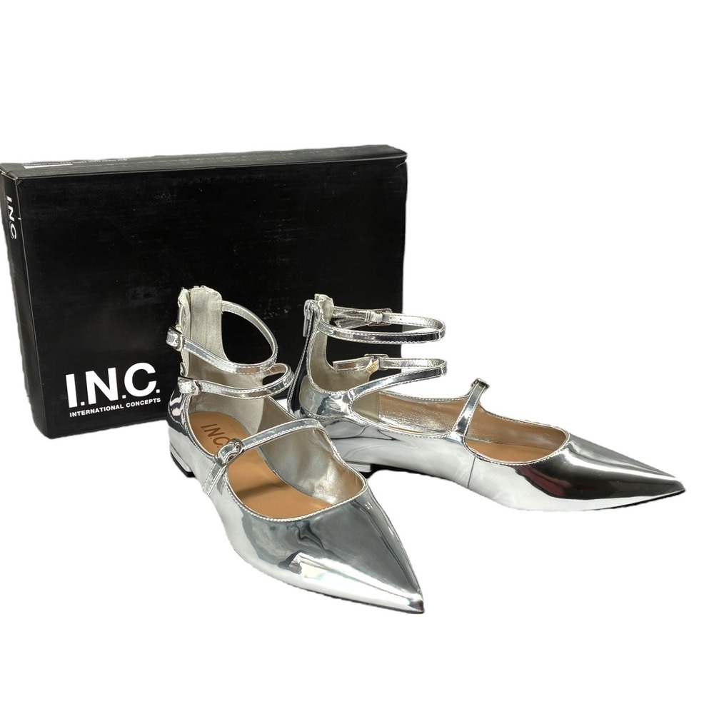 I.N.C. Valanp Silver TPU Y3K Pointed Toe Triple‎ Strap Flats NIB Box 8M